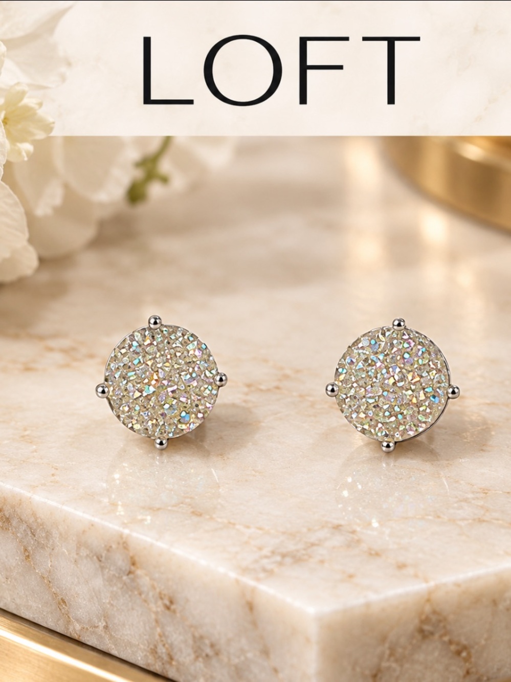 Ann Taylor LOFT Silver White Druzy Stud Earrings